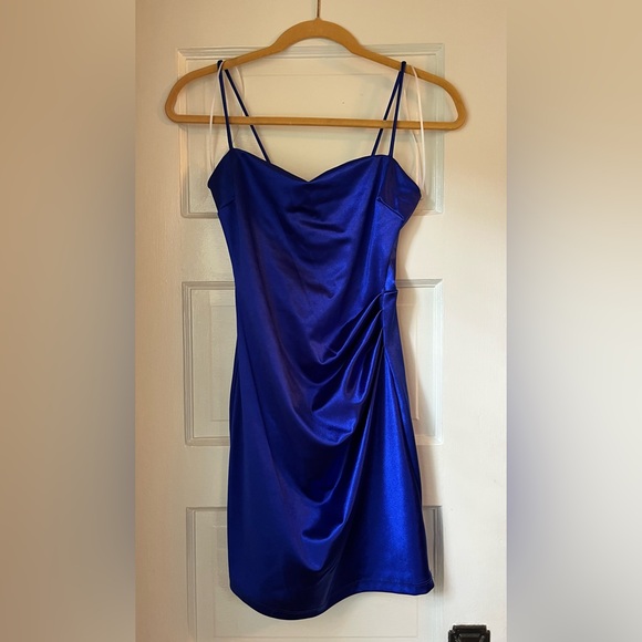Lovely Day Blue Ruched Satin Mini Dress - Picture 1 of 6